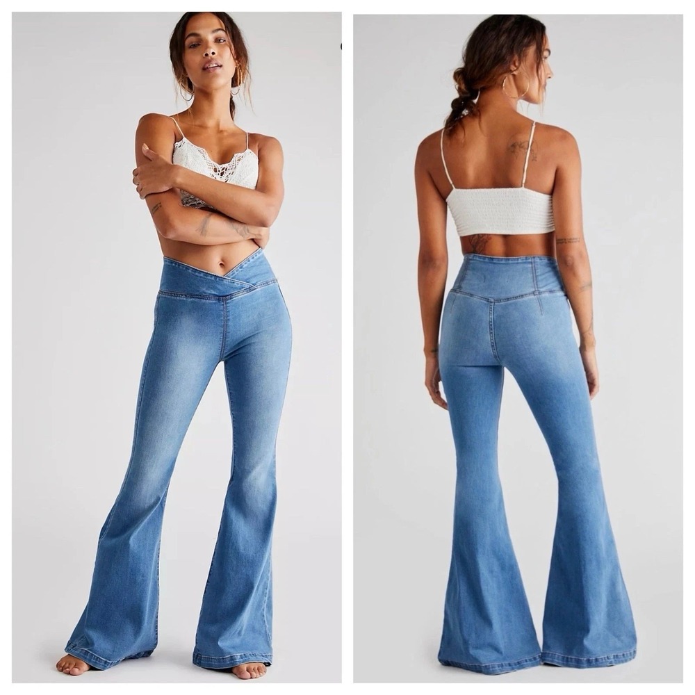 We The Free People Jeans 28 Venice Beach Pull On Flare Spring Blue Wash Stretch